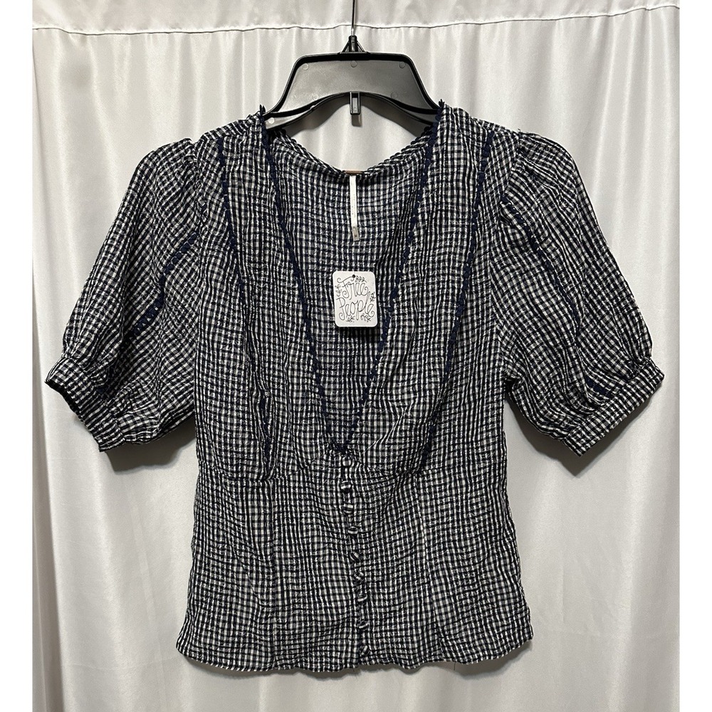 New Free People Top Size M Blue Short Sleeve V-neck Cropped Puff Sleeve Plaid